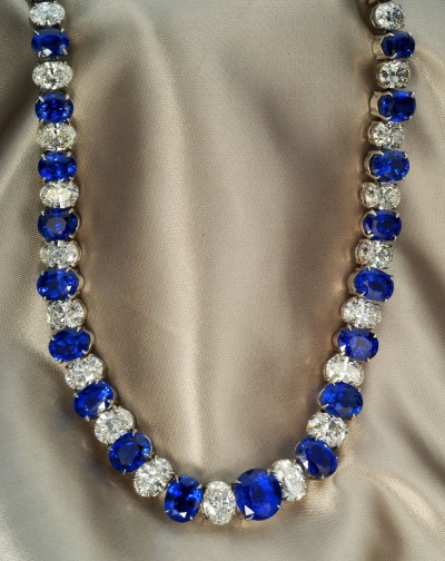 Cynthia Renee Custom Jewelry Design Blue Sapphires and Diamonds set in Platinum Garland Necklace