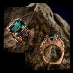 “Torres de Paine” custom ring featuring 5.69 carat Blue Tourmaline (Afghanistan) set in 14 karat rose and white gold.
