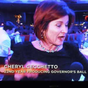 Cheryl Cecchetto, Producer of the Academy Award's Govenors' Ball, wearing Cynthia Renee’s Spectrum award-winning Green Tourmaline and Palladium necklace.