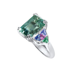 Custom-made palladium ring featuring 894 carat blue tourmaline and accented by 4-tanzanite-0.67 carats; 2-pink tourmaline=0.30 carats; 2-emerald=0.26 carats and 2-diamonds=0.10 carats.