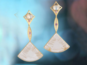Custom Heirloom Jewelry Rainbow Moonstone Diamond White Topaz Geothite Sapphire Gold Earrings
