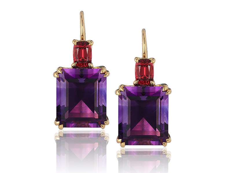 Swan Neck” earrings in 18 karat yellow gold featuring 11.10 carat pair of fine Amethyst accented by 0.86 carat pair of Burmese Red Spinel.