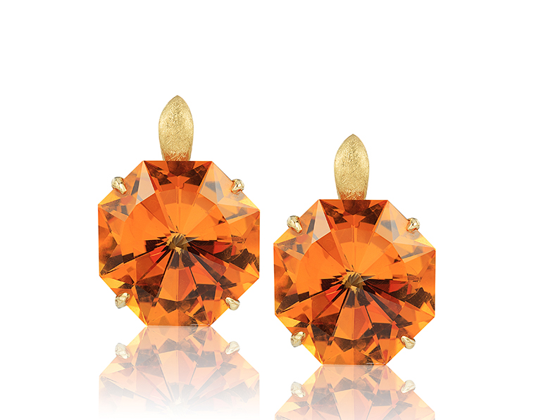 "Origami” earrings in 18 karat yellow gold featuring pair 28.40 carat hand-cut, Citrine; post with friction back.