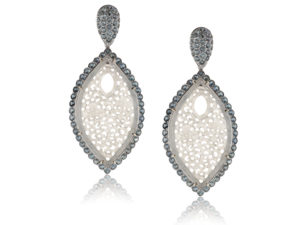 Drop Earrings in 18 kt white gold featuring 18.27 ct. pair of hand-carved, natural Icy White Jade accented by 200 pieces Green Sapphire weighing 7.17 cts; post w/ friction nut.