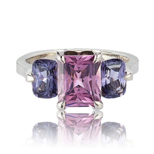 “Oslo” 3-stone ring in palladium featuring 1.90 carat Rose Spinel accented by 1.85 carat pair of Blue Spinel