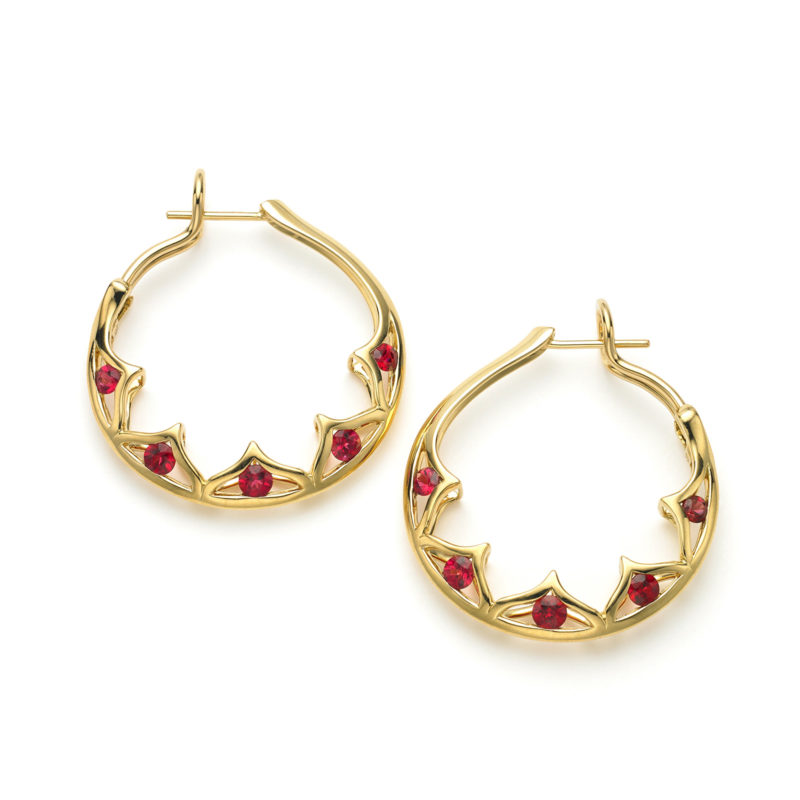 Red Spinel “Scallop” Hoop Earrings "Pantea" hoop earrings in 18 karat yellow gold featuring 1.50 carats of Burmese Red Spinel; post with omega back.