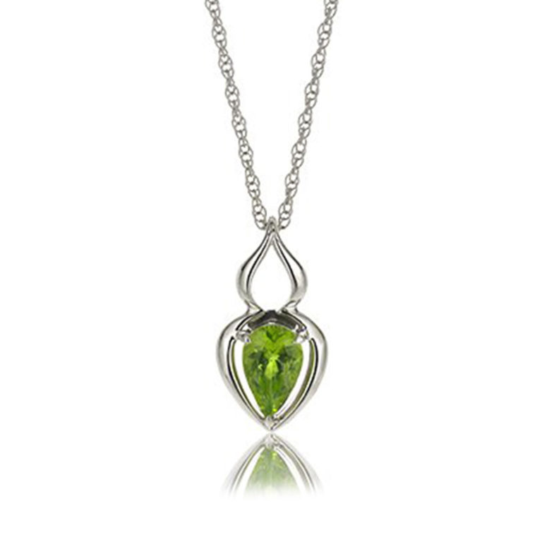 “Pantea” pendant in 18 karat white gold featuring 1.15 carat pear-shaped Peridot on 18-inch, 14-karat white gold rope chain. Peridot is a birthstone for August.