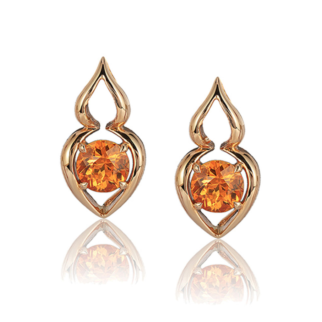 “Pantea” earring in 18 karat rose gold featuring 2.64 carats pair Spessartite Garnet; post with friction back.