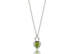 “Pantea” pendant in 18 karat white gold featuring 1.15 carat pear-shaped Peridot on 18-inch, 14-karat white gold rope chain. Peridot is a birthstone for August.