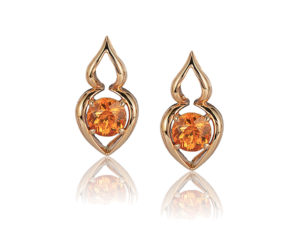 “Pantea” earring in 18kt rose gold featuring 2.64 ct. pair Spessartite Garnet; post with friction back. Tail on back supports drop.