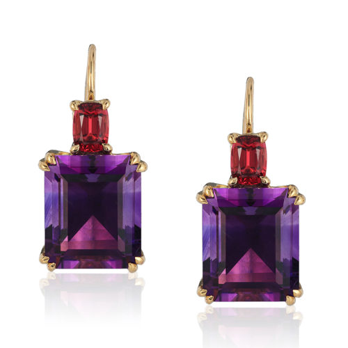 Swan Neck” earrings in 18 karat yellow gold featuring 11.10 carat pair of fine Amethyst accented by 0.86 carat pair of Burmese Red Spinel.