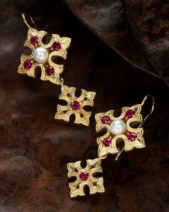valentine-earrings-by-cynthia-renee- earrings-featuring-round-rubies-freshwater pearls-set-in-yellow-gold