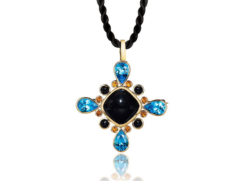 Something New and a Bit Blue pendant: onyx, blue topaz and citrine. 