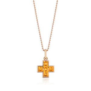 Gem-set cross pendant featuring five (5) square 5-mm Citrine (H) weighing a total of 3.06 carats and set in 18 karat rose gold with a clip-on bale. Clip the pendant on bracelet links and wear as a charm.