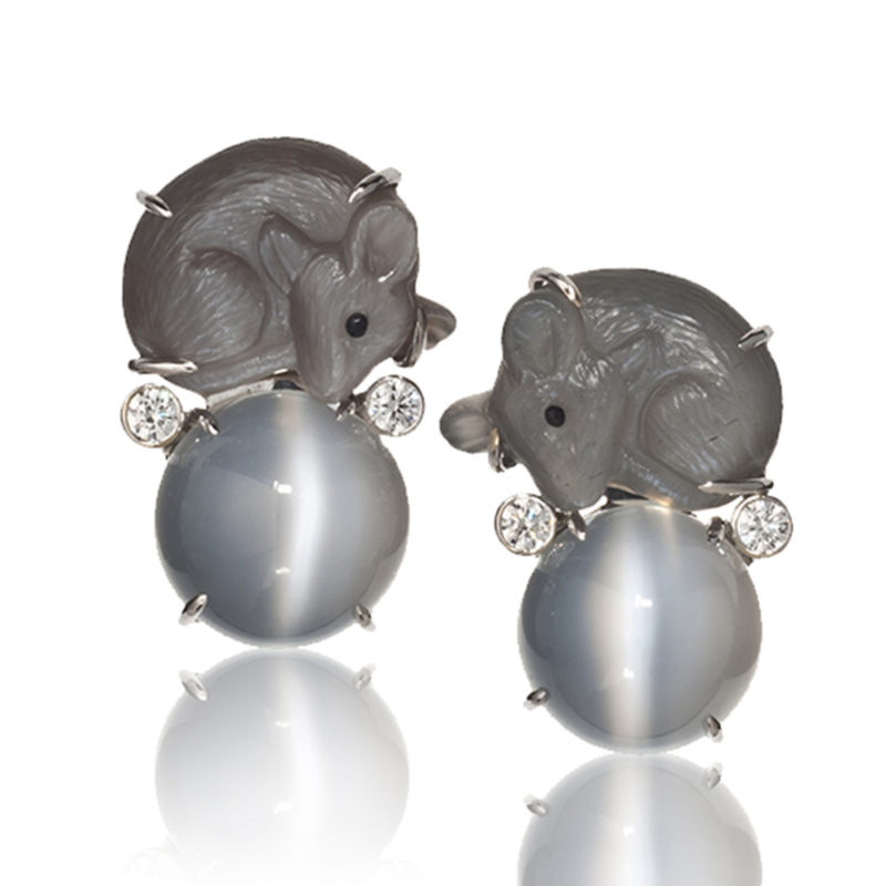 Of Mice and Moonstone earring pair in 18-karat white gold from Cynthia Renée's award-winning 