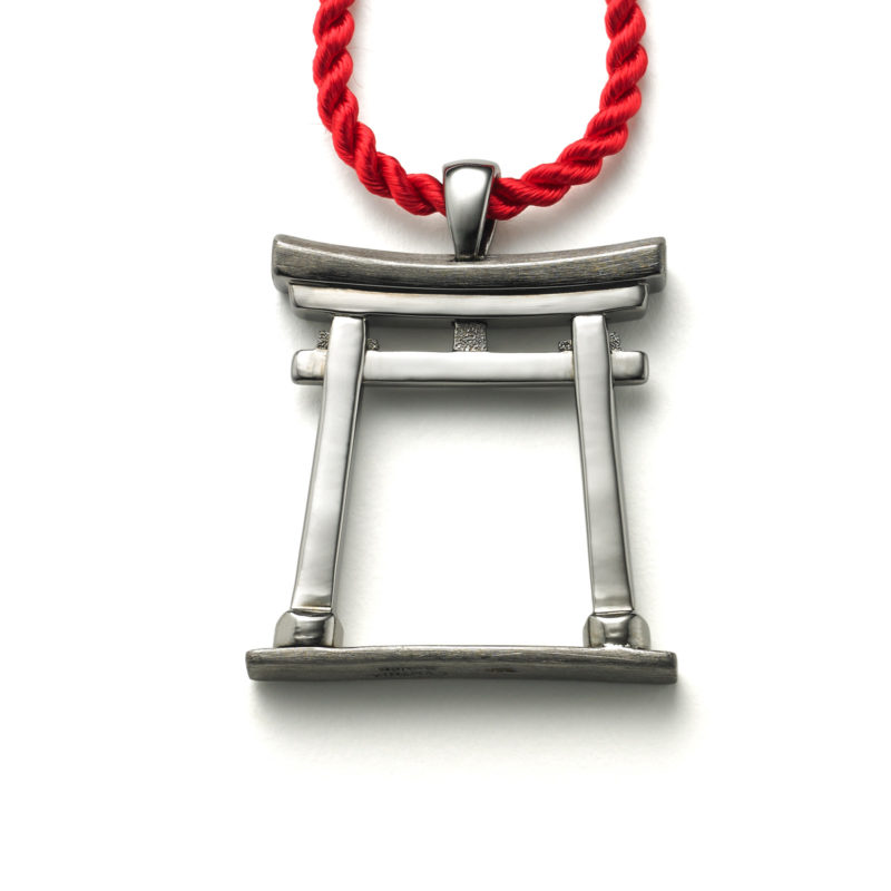 Torii Gate pendant in blackened sterling silver with satin & polished areas for detail.