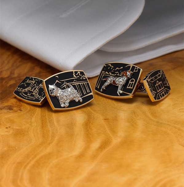 cufflinks made in 18-karat yellow gold, platinum, diamond and black lacquer