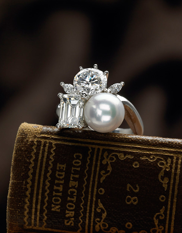 Bubble Ring” ~ Cynthia Renee full custom design bespoke ring created in 950 platinum featuring the following diamonds: 1.43 carat emerald-cut, 1.51 carat round, and two marquise weighing 0.14 karats with 9 mm Akoya pearl.