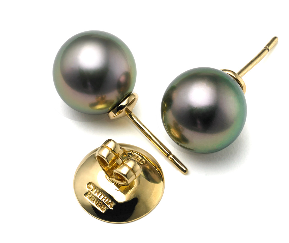 Pair of Black Tahitian Pearls, 11.2mm, on 18-karat yellow gold removable "Progressive Pearl" posts with 12mm parabolic friction backs; natural color.