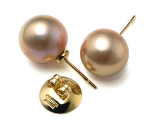 Pair of Pink-Peach Freshwater Kasumiga Pearl earrings, 12.5mm x 13mm on 18-karat yellow gold removable "Progressive Pearl" posts with 12mm parabolic friction backs.