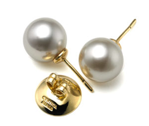Pair of Silvery-White (with rose overtone) South Sea Pearls, size 11.5 mm, on 18-karat yellow gold removable "Progressive Pearl" posts with 12-mm parabolic friction backs.