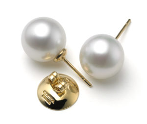 Pair of  White South Sea Pearls, size 12.5mm x 13mm, on 18 karat yellow gold removable "Progressive Pearl" posts with 12-mm parabolic friction backs. 