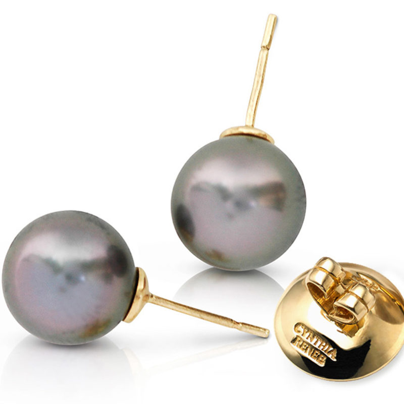 Pair of Black Tahitian Pearls with rose overtones on 18 karat yellow gold removable "Progressive Pearl" posts with 12 mm parabolic friction backs.