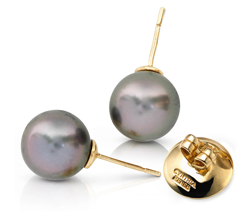 Pair of Black Tahitian Pearls with rose overtones on 18 karat yellow gold removable 