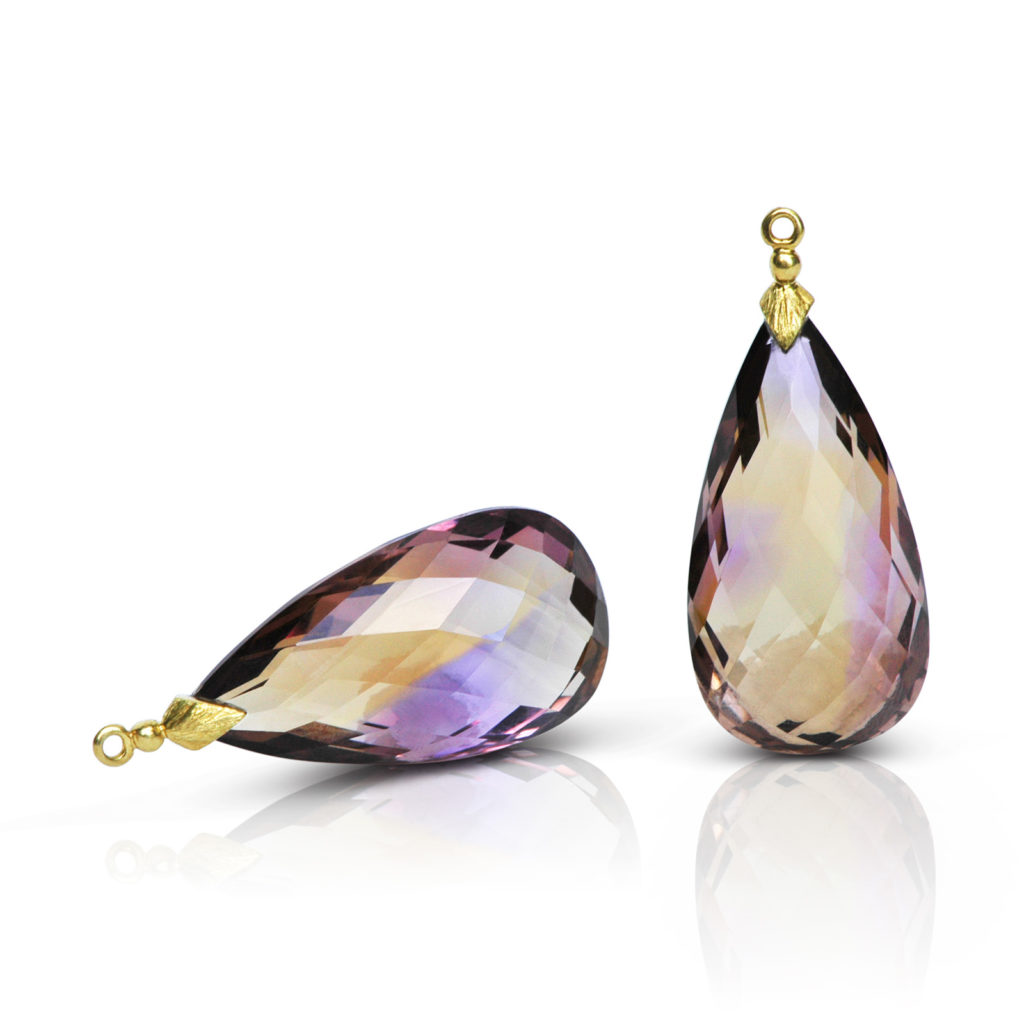 Gem Drop pair in 18 karat yellow gold featuring a pair of 55.95 carats Ametrine faceted briolettes.