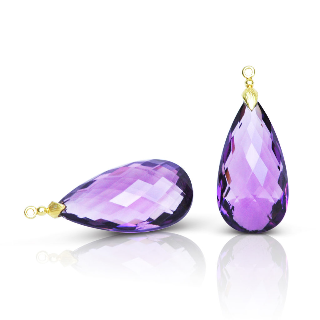 Gem Drop pair in 18 karat yellow gold featuring pair of 54.75 carats Amethyst faceted briolette.