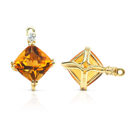 Gem drop pair in 18-karat yellow gold featuring pair of 8.38-carat square cushion-shaped Citrine, accented by a pair of 0.19 carat round diamonds; tail on back for suspending drops.