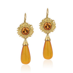 Gem drop pair in 18 karat yellow gold featuring pair of 14.96 carats golden amber smooth drops.