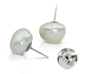 Pair of White Freshwater Baroque Pearl Studs (14 x 15mm) on a permanent 18 karat white gold post with 12mm parabolic back.