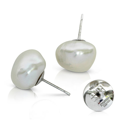 Pair of White Freshwater Baroque Pearl Studs (14 x 15mm) on a permanent 18 karat white gold post with 12mm parabolic back.