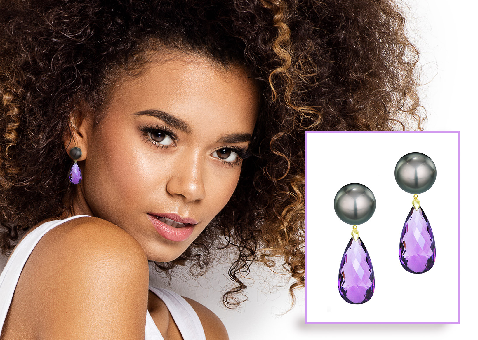 Amethyst faceted briolette drops with Tahitian Pearl Studs