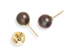 Pair of Black Tahitian Pearls, 11.2mm, on 18-karat yellow gold removable "Progressive Pearl" posts with 12mm parabolic friction backs; natural color.