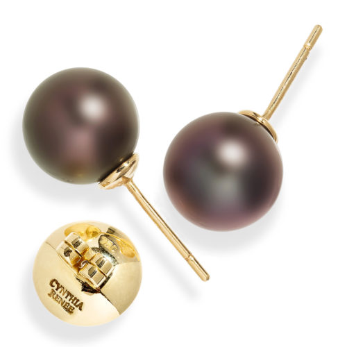 Pair of Black Tahitian Pearls, 11.2mm, on 18-karat yellow gold removable "Progressive Pearl" posts with 12mm parabolic friction backs; natural color.