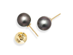 Pair of Black Tahitian Pearls (11.9 mm) on 18-karat yellow golds removable "Progressive Pearl" posts with 12 mm parabolic friction backs; natural color.