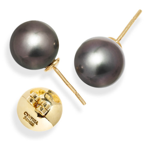 Pair of Black Tahitian Pearls (11.9 mm) on 18-karat yellow golds removable "Progressive Pearl" posts with 12 mm parabolic friction backs; natural color.