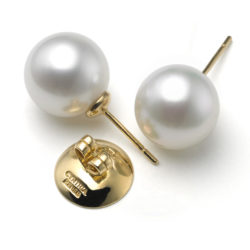 Pair of  White South Sea Pearls, size 12.5mm x 13mm, on 18 karat yellow gold removable "Progressive Pearl" posts with 12-mm parabolic friction backs. 