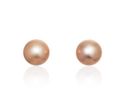 Pair of Pink-Peach Freshwater Kasumiga Pearl earrings, 12.5mm x 13mm on 18 karat yellow gold removable "Progressive Pearl" posts with 12mm parabolic friction backs.