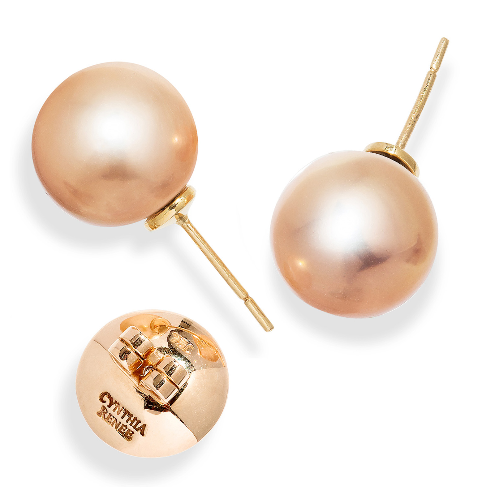 Pair of Pink-Peach Freshwater Kasumiga Pearl earrings, 12.5mm x 13mm on 18 karat yellow gold removable 