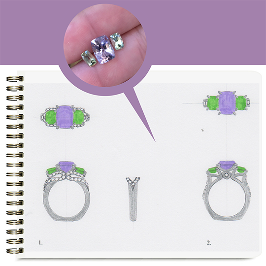 Three-stone-platinum-ring-initial-sketches-with-gem-placements