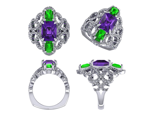 Three-stone-platinum-ring-featuring-lavender-spinel-green garnet-and-micropave-diamond-final