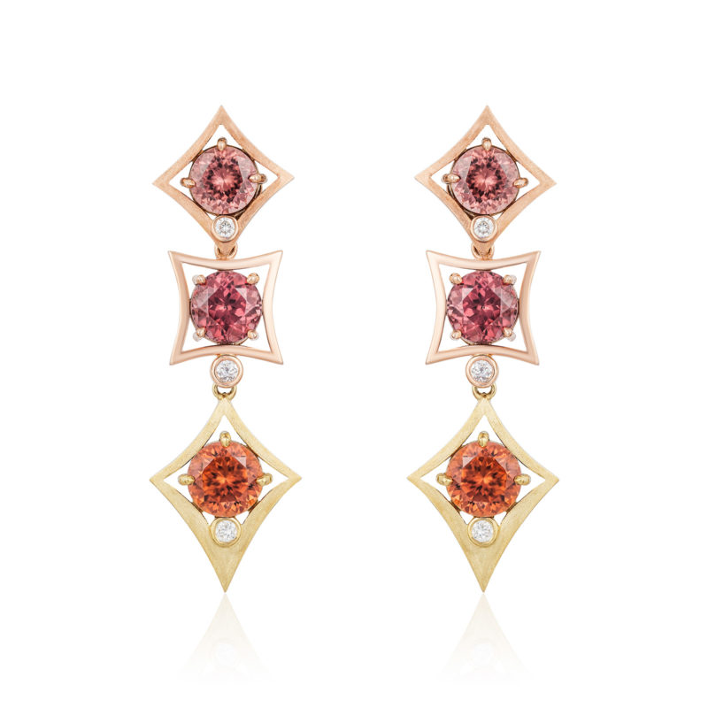 "Charmed Life" Earrings in 18 karat yellow gold and 14 karat rose gold featuring three pairs of color variegated Zircon (Tanzania) weighing a total of 18.46 carats.