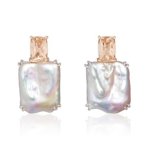 Pair of 18 karat white gold & rose gold earrings featuring a pair of rectangular white freshwater pearls (B) measuring 18mm x17mm and 7.46 ct. pair Peach Topaz cushions; post with a large parabolic back.