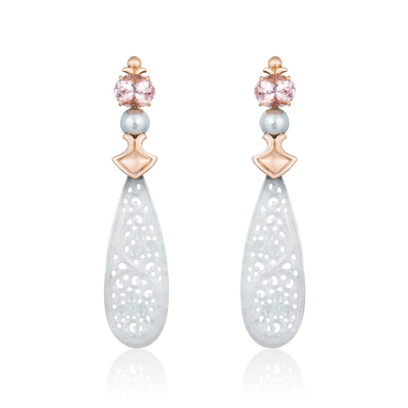 "Temple” earrings in 18 karat rose gold featuring 7.00 carat pair of Morganite, 28.39 ct. hand-carved, Icy White Jade and 8 mm silvery pearls; post with friction back.