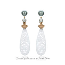 "Temple” earrings in 18 karat rose gold featuring 7.00 carats pair of Morganite, 28.39 carats hand-carved, Icy White Jade and 8 mm silvery pearls; post with friction back.