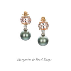 "Temple” earrings in 18 karat rose gold featuring 7.00 carats pair of Morganite, 28.39 carats hand-carved, Icy White Jade and 8 mm silvery pearls; post with friction back.