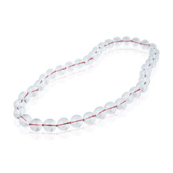 The red thread gleams through these clear “pools of light” natural quartz rock crystal beads. 